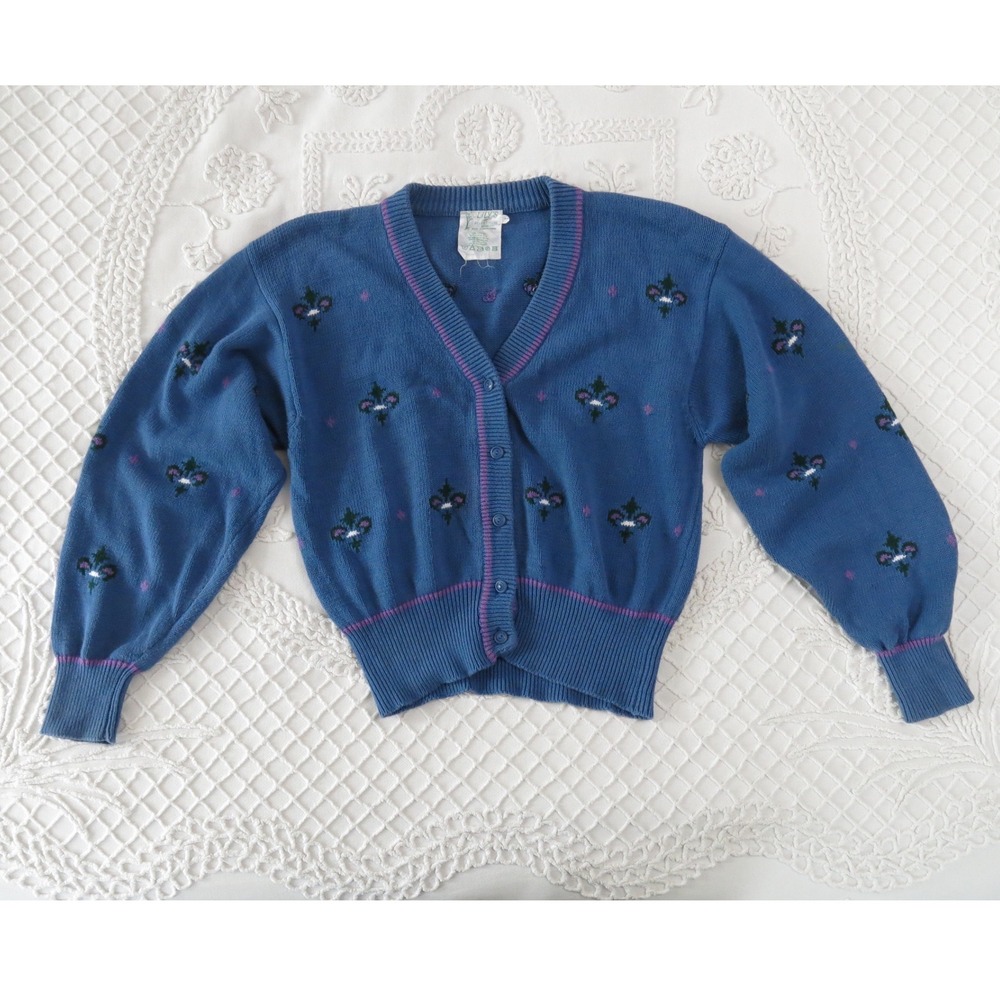 Lily's of Beverly Hills Vintage Crop Cotton Fleur De Lis Cardigan Sweater Large